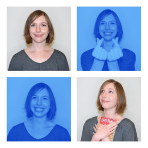 Photos of Monica Allen holding a book and making hearts with her hands.