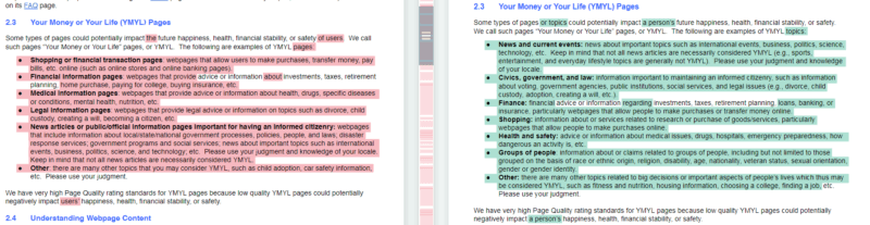 Quality rater guidelines comparison