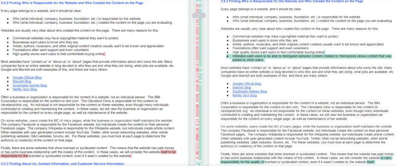 Quality rater guidelines comparison