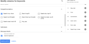 Sample ad columns in Google analytics.
