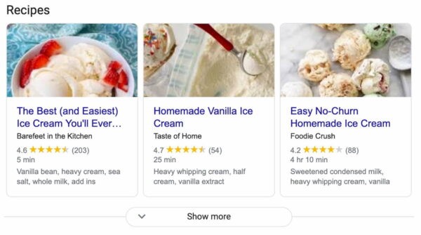 recipes for ice cream SERP