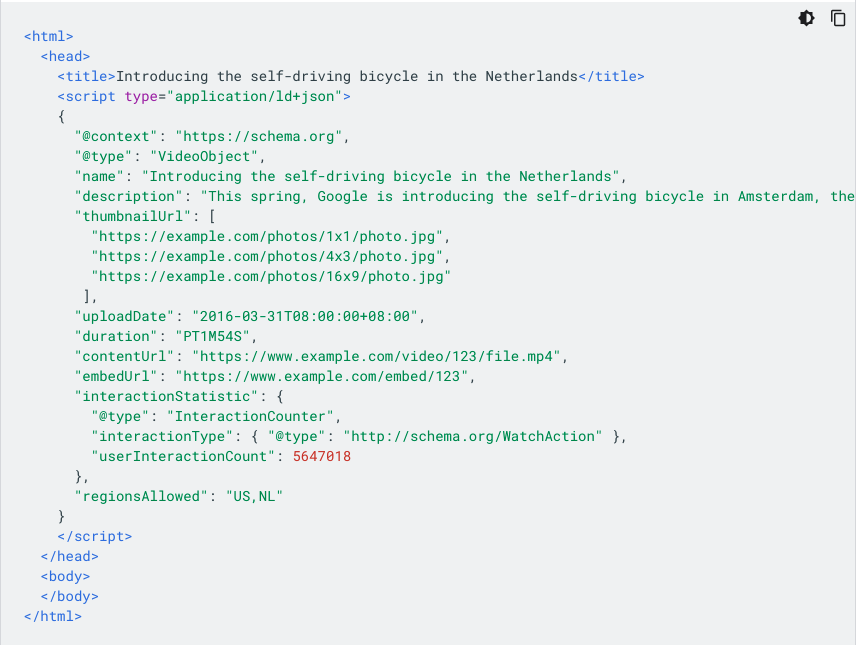 video structured data schema markup