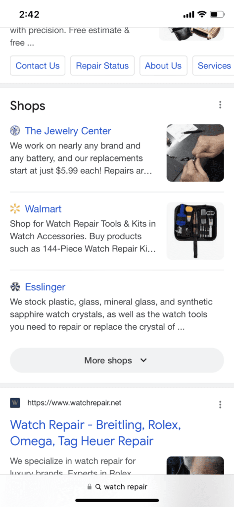 Google Shops Mobile Search Results